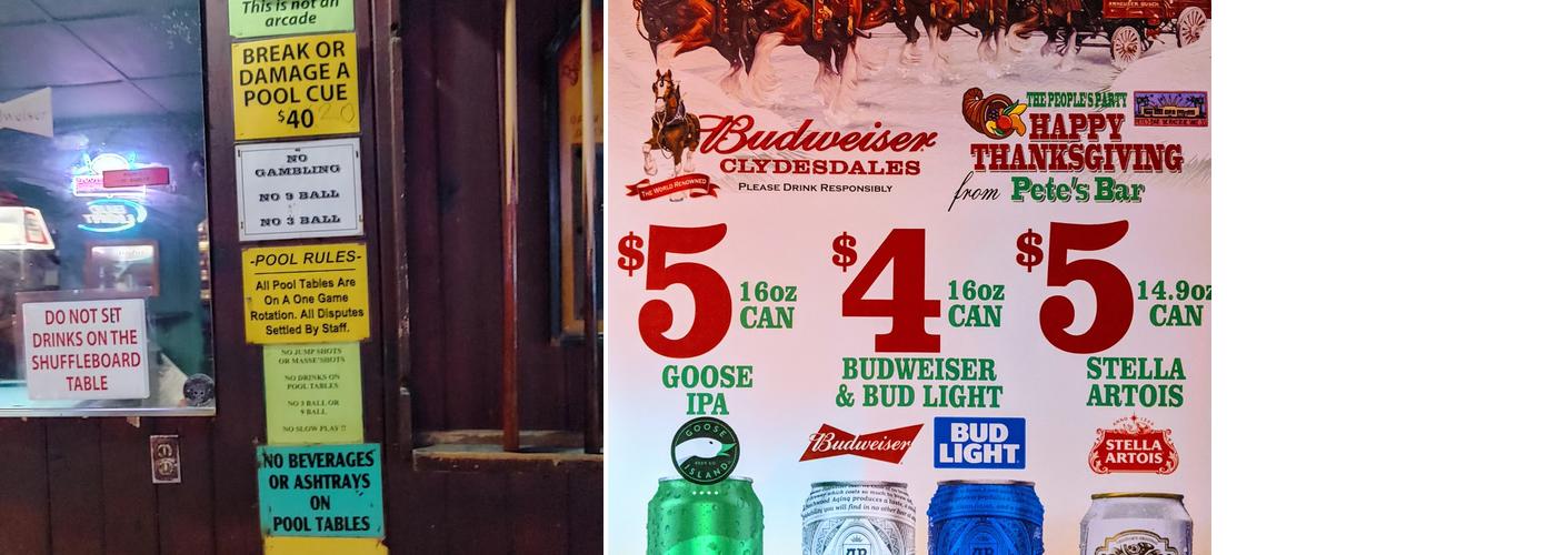 Pete's Bar Menu