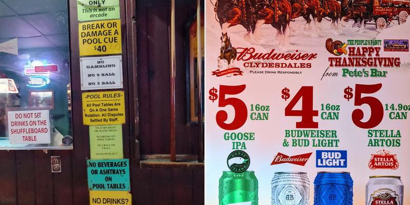 Pete's Bar Menu