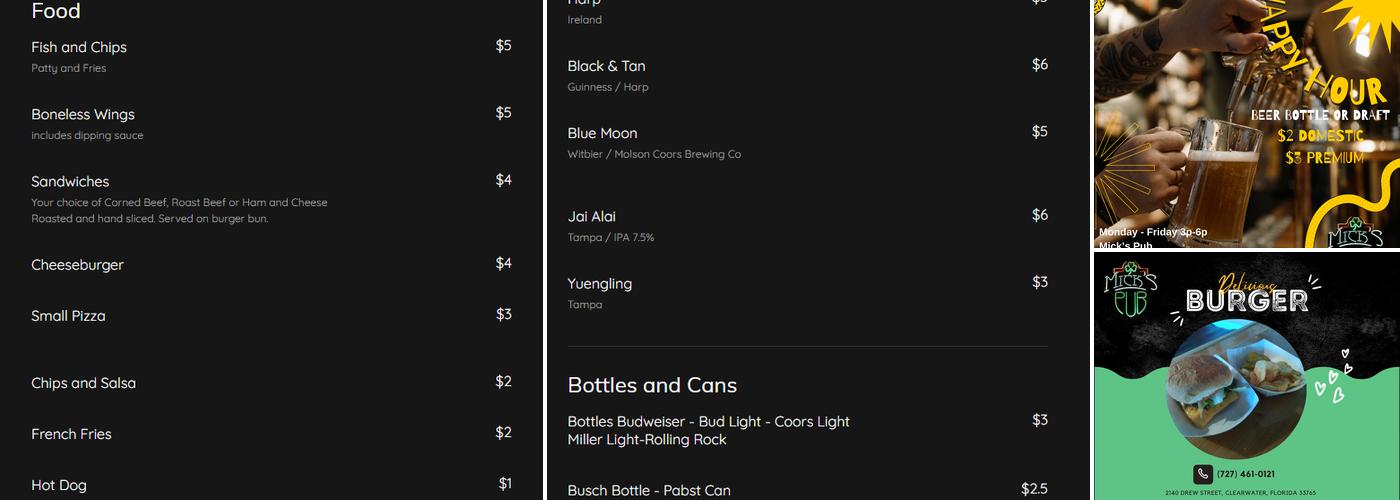 MICK'S PUB Menu