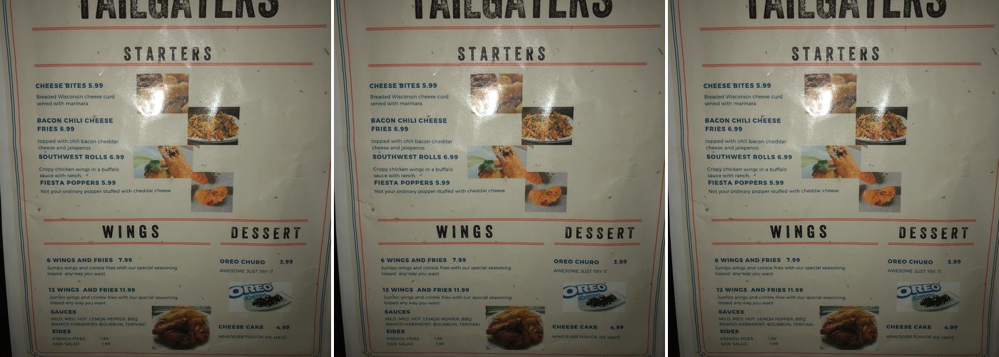 Tailgaters Menu