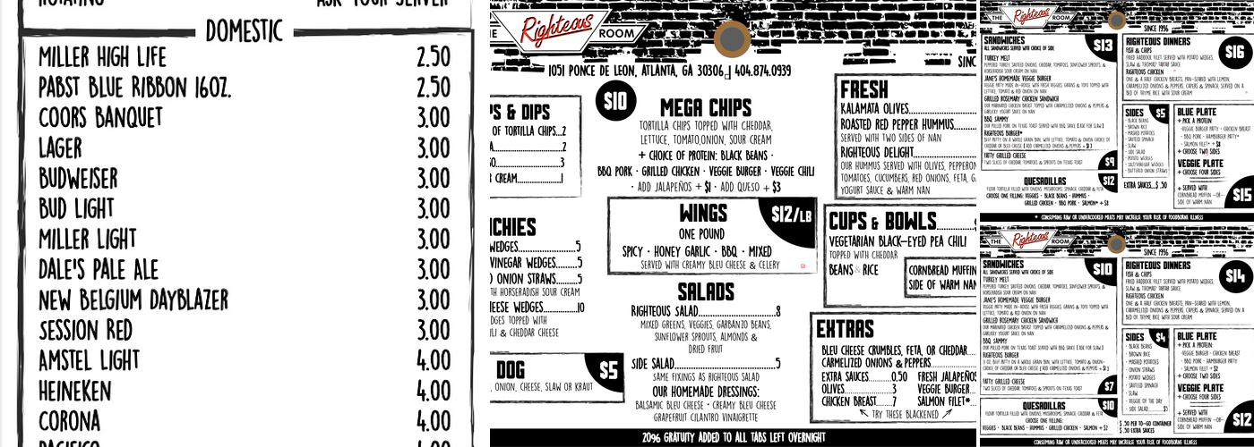 The Righteous Room Menu