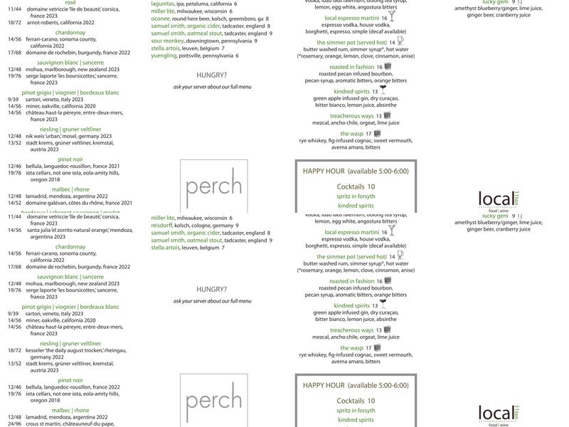 The Perch Menu