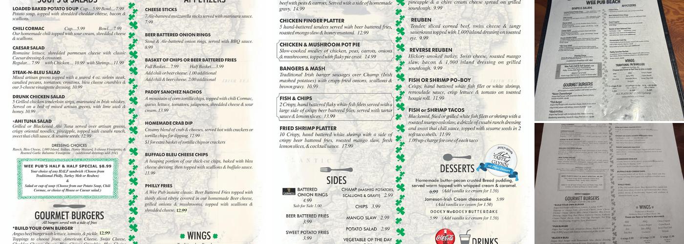 Wee Pub Beach Menu