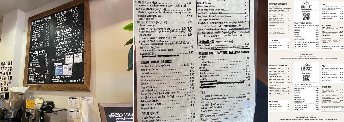 Barefoot Coffee Menu