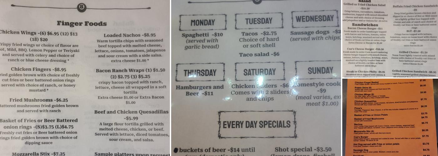 Cuz's Bar and Grill Menu