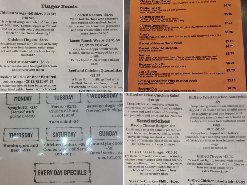 Cuz's Bar and Grill Menu