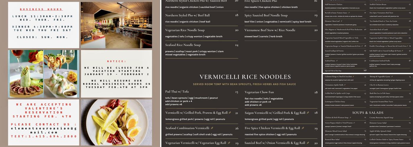 Elements Restaurant Menu