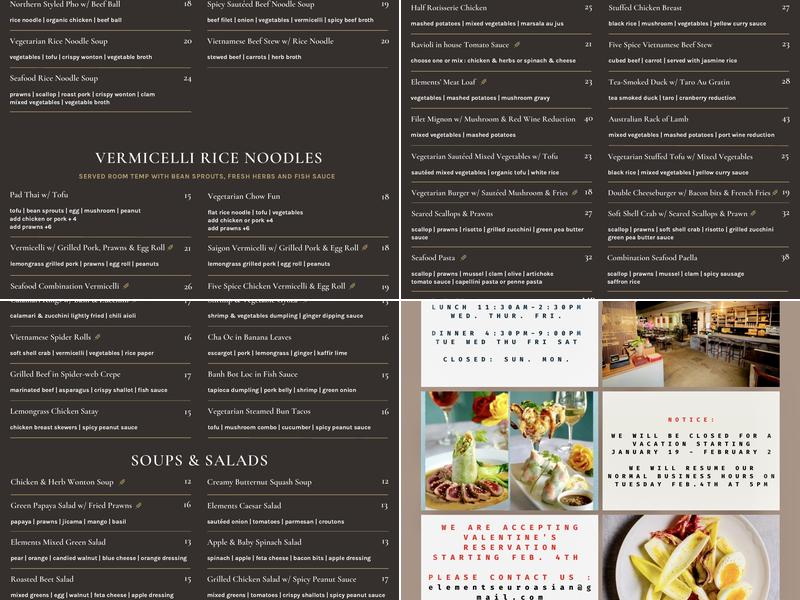 Elements Restaurant Menu