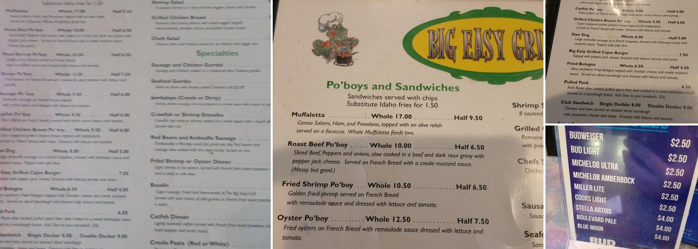 Big Easy Grill Menu