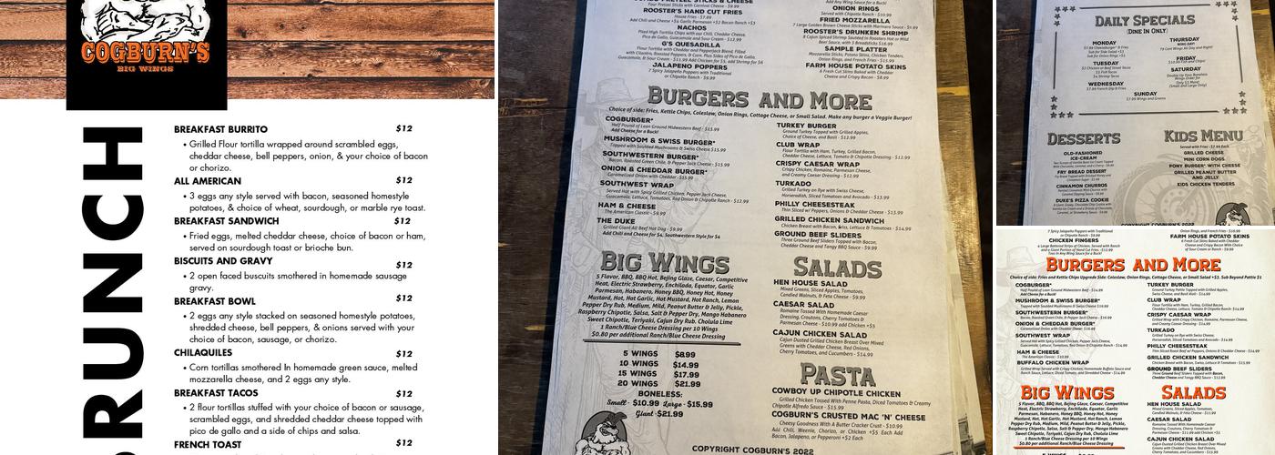 Cogburn's Big Wings Menu