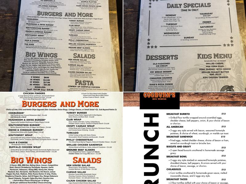 Cogburn's Big Wings Menu