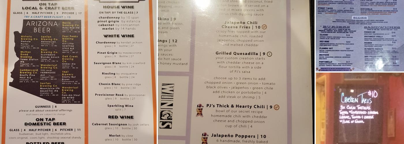 P J's Village Pub Menu