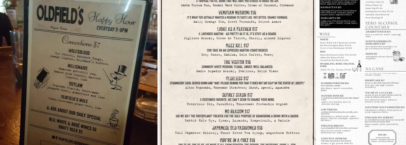 Oldfield's Liquor Room Menu
