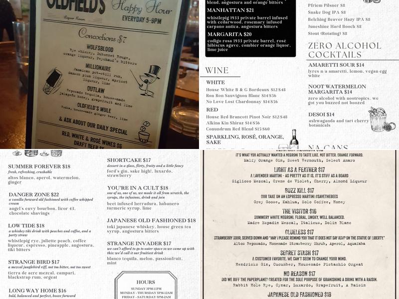 Oldfield's Liquor Room Menu