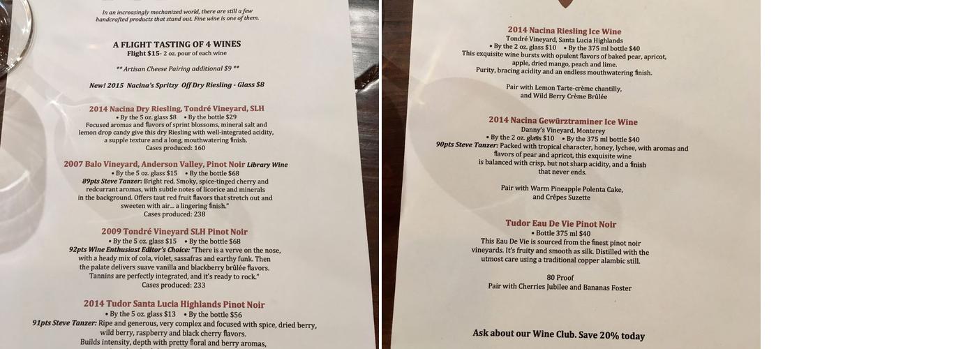 Tudor Wines Tasting Room Menu