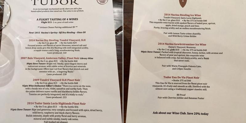 Tudor Wines Tasting Room Menu
