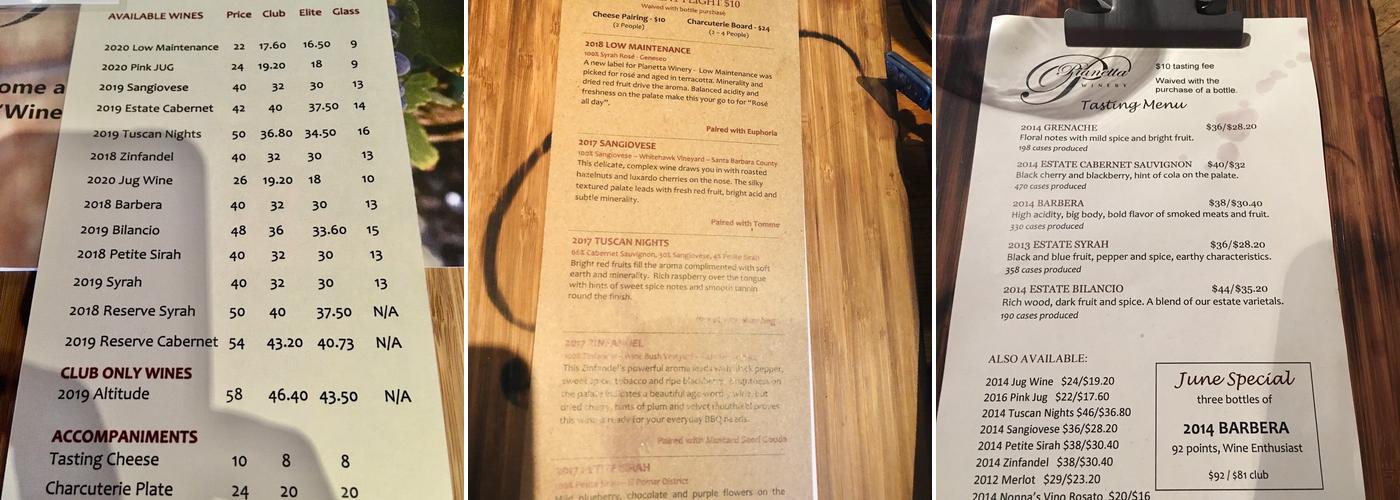 Pianetta Winery Menu