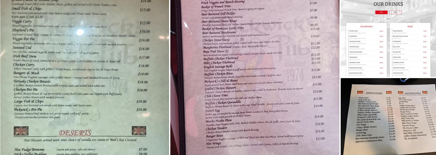 Pickwick's Pub Menu
