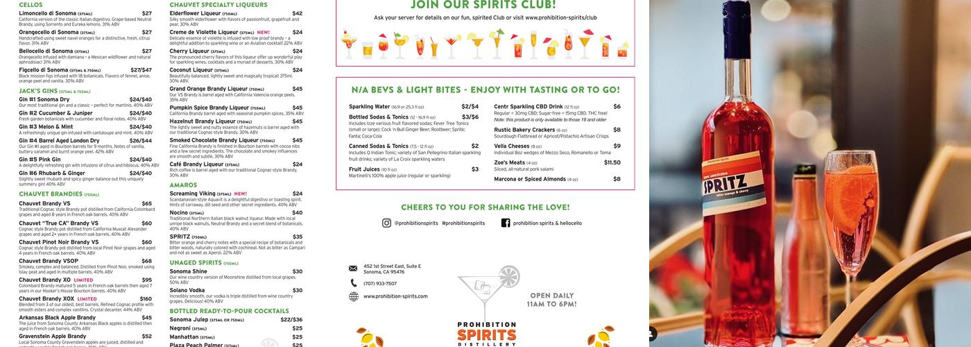 Prohibition Spirits Menu