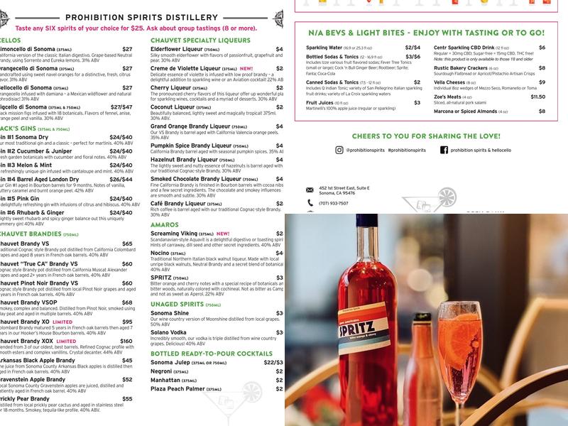 Prohibition Spirits Menu