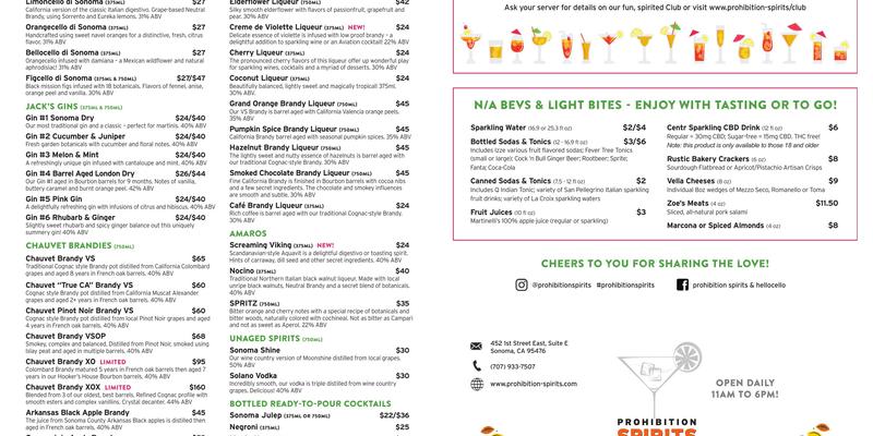 Prohibition Spirits Menu
