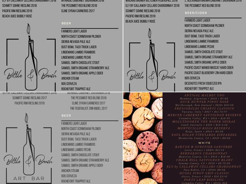 Bottle & Brush Art Bar Menu