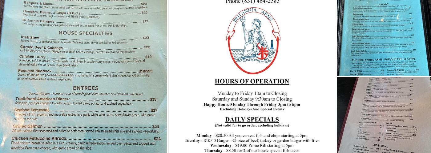 Britannia Arms Of Capitola Menu