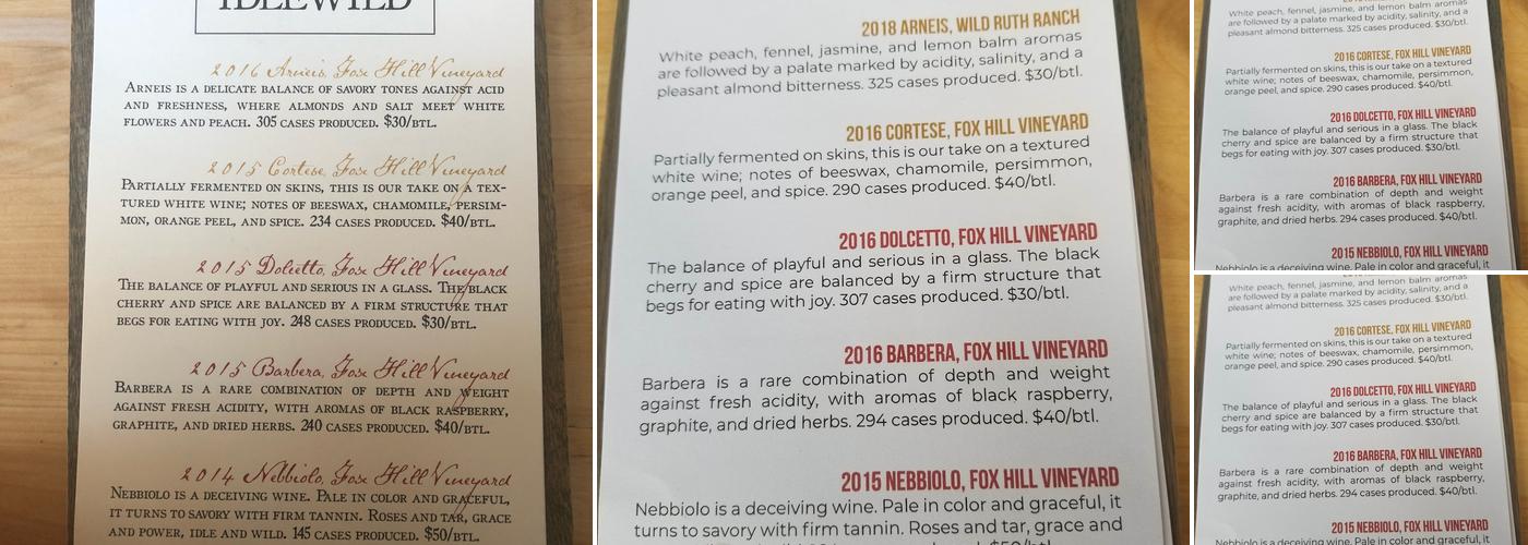 Idlewild Wines Menu