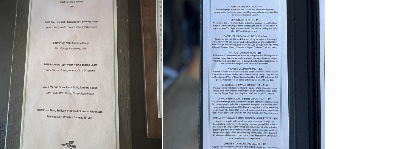 Banshee Wines Menu