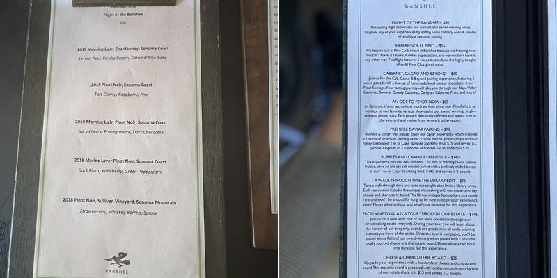 Banshee Wines Menu