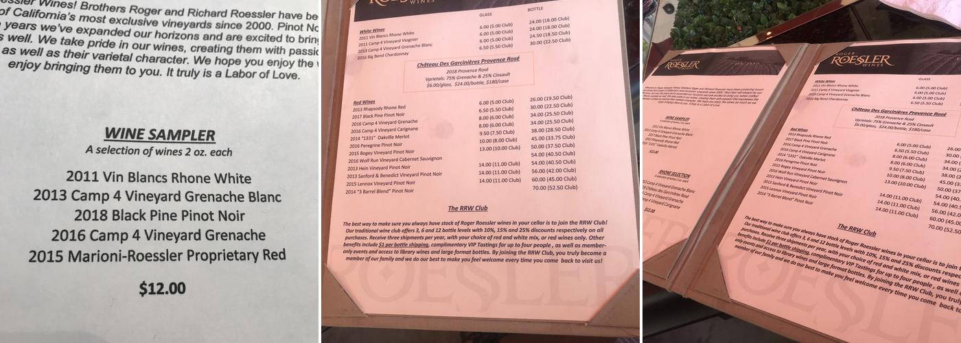 Roger Roessler Wines Menu