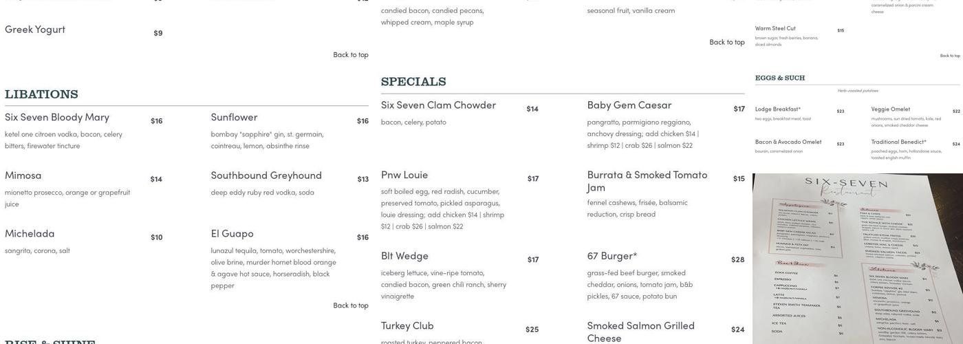 Six Seven Restaurant Menu