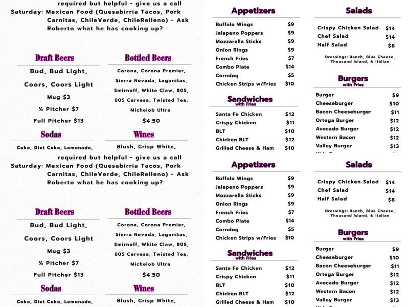 Idle Hour Bar & Grill Menu