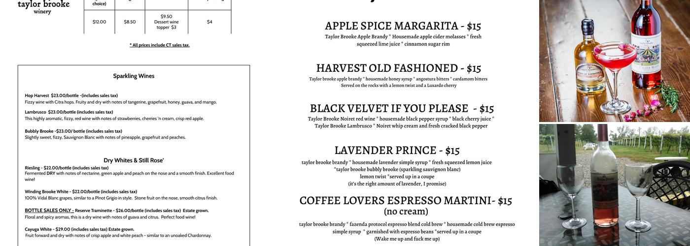 Taylor Brooke Winery Menu