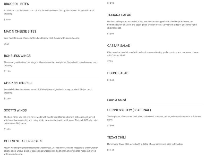 Thurston's Pub Menu