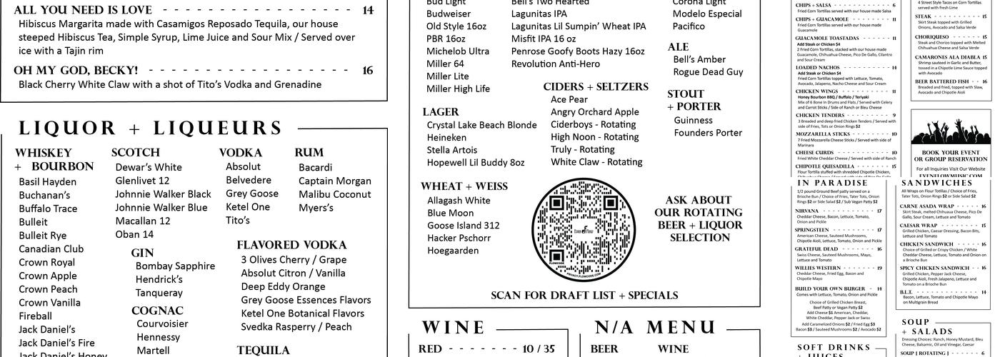 EvenFlow Music & Spirits Menu