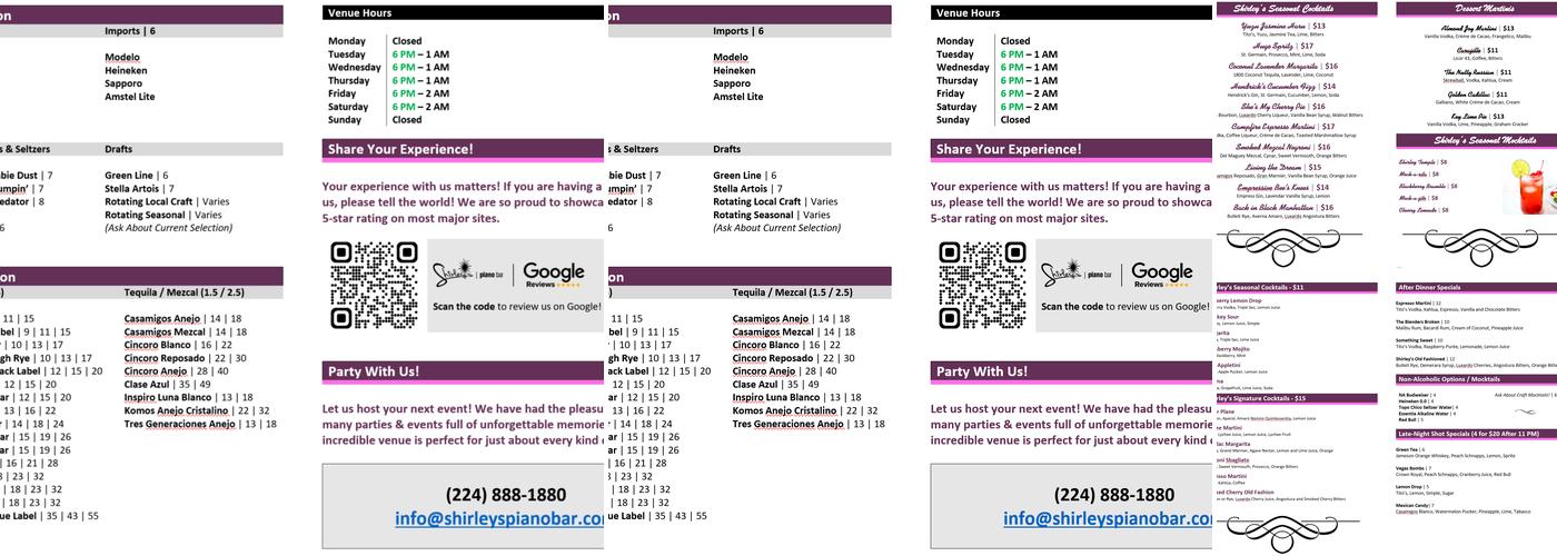 Shirley's Piano Bar Menu
