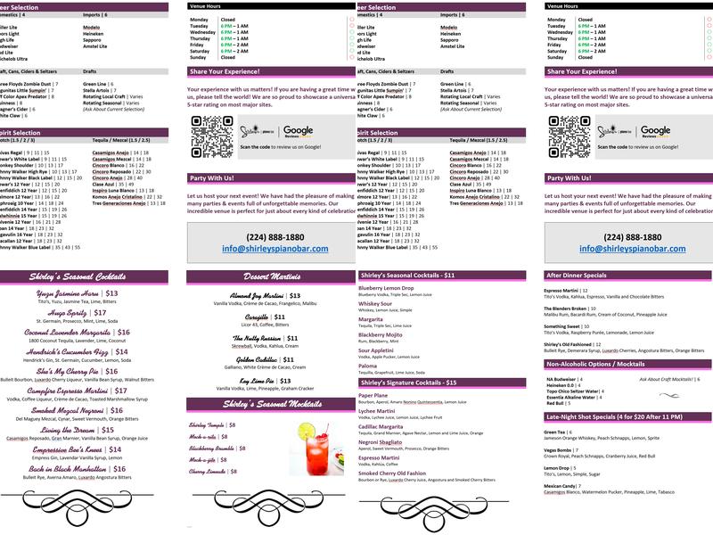 Shirley's Piano Bar Menu