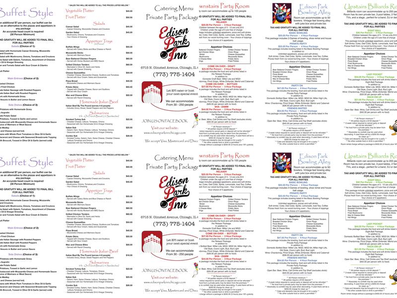Edison Park Inn Menu