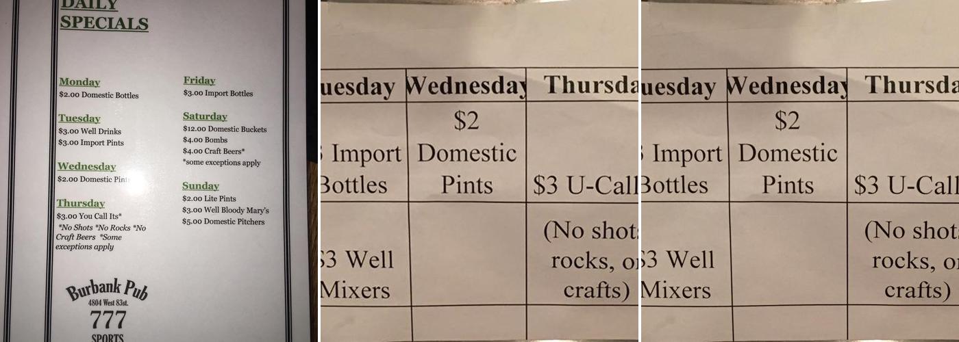 Burbank Pub Menu