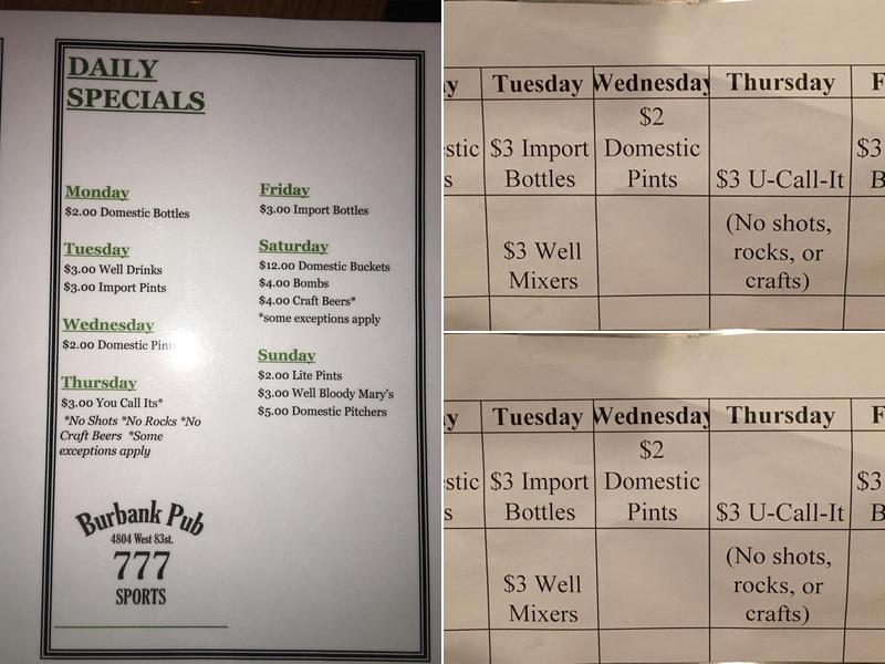 Burbank Pub Menu