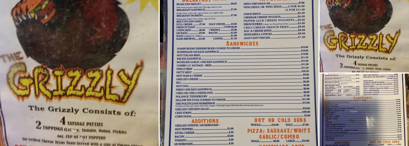 Bears Den Menu