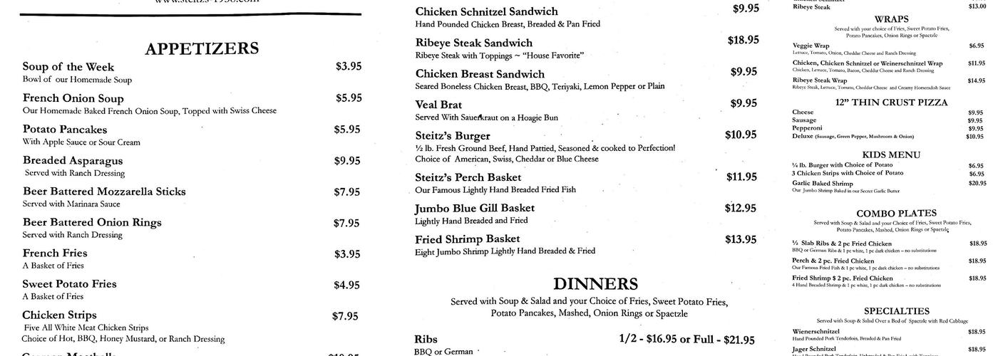 Steitz's Resort Menu