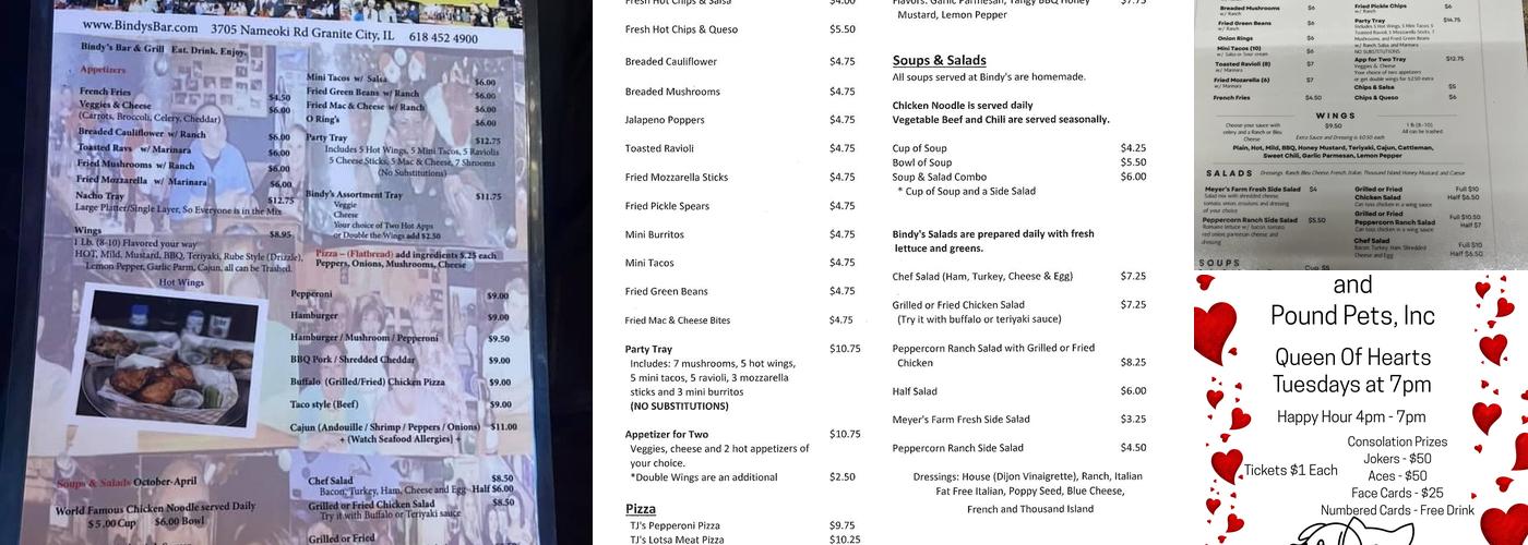 Bindy's Menu