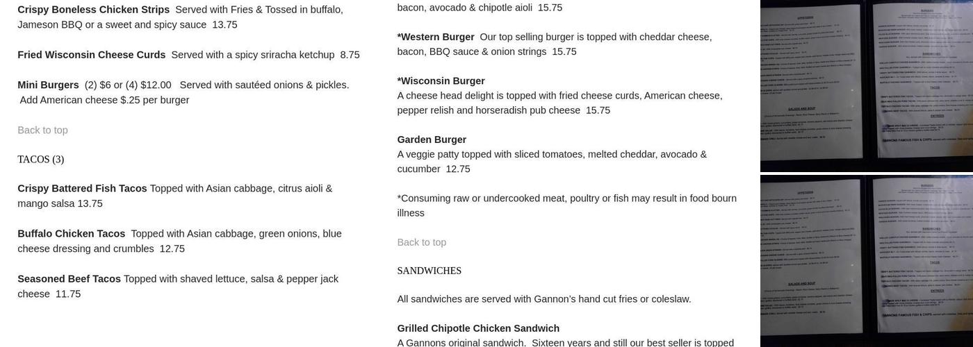 Gannon's Pub Menu