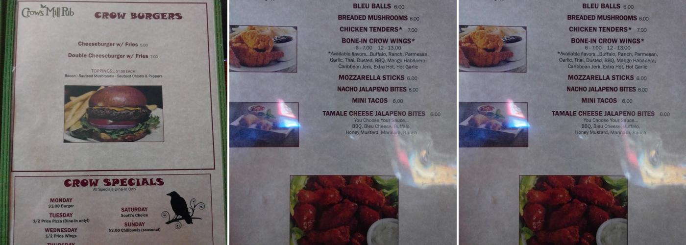 Crows Mill Pub Menu