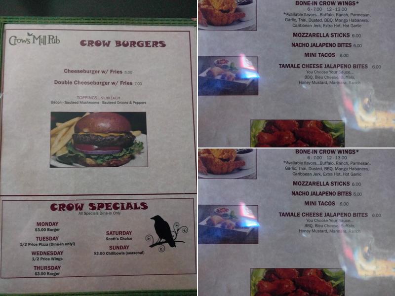 Crows Mill Pub Menu