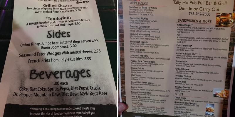 Tally Ho Pub Menu