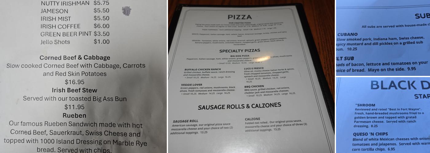 Black Dog Pub Menu