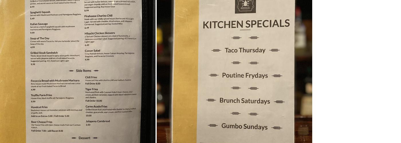 Backstep Brewing Company Menu